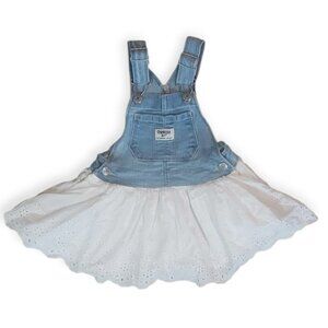 OshKosh B’gosh Toddler 2T Denim Overall Jumper Dress Blue Jean White Eyelet
